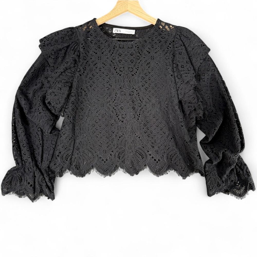 Zara Black Lace Ruffle Flounce Sleeve Blouse M‎ Romantic Whimsigoth Witchy Sheer